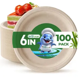 6in100pcnatural Biocean Plates-6-100 6 Inch Compostable Plates 100 Pack Heavy Natural