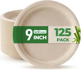 9in125pcnatural Biocean Plates-9-10 9 Inch Compostable Plates 125 Pack - Heavy Duty Natural