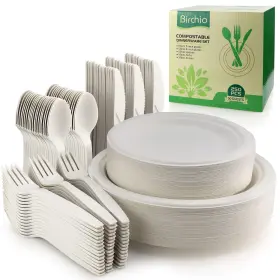 Birchio 050967315365 250 Piece Biodegradable Paper Plates Set Extra Long Utensils Disposable Dinn
