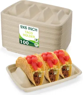 Th-100 Birchio 100 Pack Compostable Taco Holders With Dividers Leak-resistant Microwave Safe