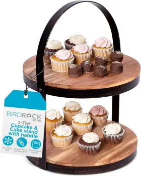 Birdrock Home 810004143999 2-tier Cupcake And Cake Stand With Handle - Rustic Beige Brown