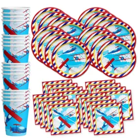 14175417 Birthday Galore Airplane Party Supplies Set Plates Napkins Cups Tableware Kit For 16