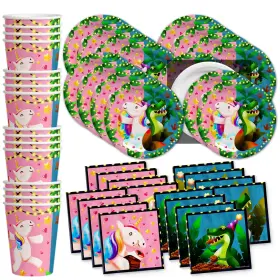Birthday Galore 840106501762 Unicorns And Dinos Joint Party Supplies Set Plates Napkins Cups Tableware