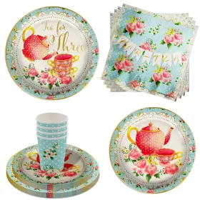 Birthday Galore 840106508303 Tea For Three 3rd Party Supplies 64 Piece Tableware Set Includes Lar