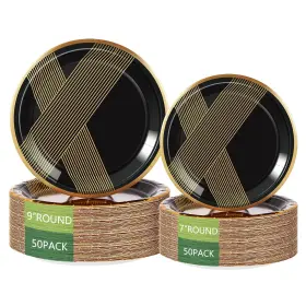 Birthdayparties 768472814432 Black And Gold Stripes Round Disposable Paper Plates 100 Pack 50 X 9