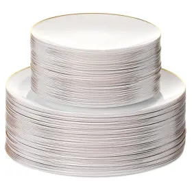 Bloomingoods 810067641609 100 Pcs Disposable Plastic White Plates Combo 50 7.5 Inch Gold Rim Appetizer/de