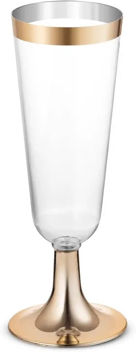 Bloomingoods 812251032026 50 Plastic Gold Rimmed Champagne Flutes 5.5 Oz. Clear Hard Dispos