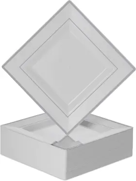 Bg-dppq7-wsr Bloomingoods Plastic Disposable Square 6.5 Inch Dessert White Silver Rim