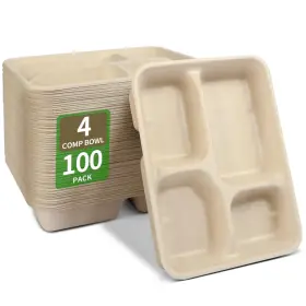 Bloomoon 797430142133 Bloomoom 100 Pack 4 Compartment Paper Bowls Deep Disposable Lunch Trays With