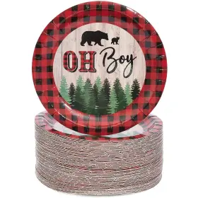 Blue Panda 194425019195 80-pack Oh Boy Lumberjack Buffalo Plaid Baby Shower Party Paper Plates 7 Inch