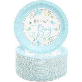 Blue Panda 194425019867 80 Packs Hello Baby Boy Floral Disposable Paper Plates 7 Inch For Shower