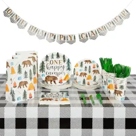 Blue Panda 194425194656 Camping 1st Birthday Party Dinnerware - One Happy Camper White