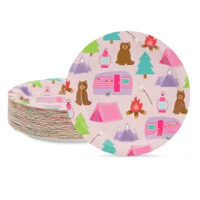 Blue Panda 194425480094 48 Pack Pink Camping Paper Plates For Girls One Happy Camper Birthday Party S