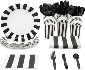 Blue Panda 689828238088 144 Piece Black And White Party Decorations - Serves 24 Striped