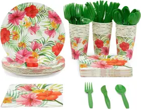 Blue Panda 843128161488 Tropical Luau Party Supplies Hawaiian Disposable Dinnerware Set Serves 24