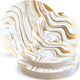 Blue Sky 729940038071 Curve Dinnerware Elegant Plates Combo 32 Count - White With Fancy Gold Curv