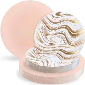 Blue Sky 729940038088 Curve Dinnerware White Gold And Pink Eleganza Set - 32 Count Disposable Plas