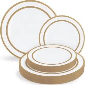 Blue Sky 729940038521 Symmetry Dinnerware Set 32pcs White Plates With Double Gold Border