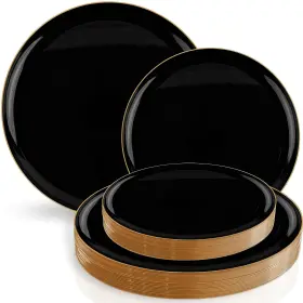 Blue Sky 729940038767 Edge Luxe Black With Gold Rim Plates Combo - 20 Count Disposable Plastic Pl