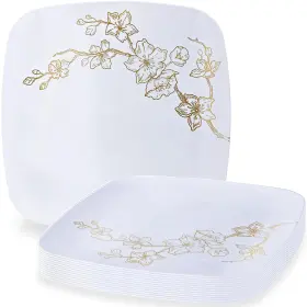 Blue Sky 729940038774 Gold Buds 10 Inch Elegant Disposable Plates Count - Premium White Plastic Di