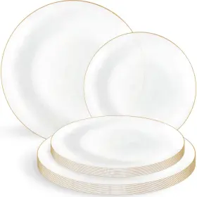 Blue Sky 729940039672 Organic Hammered White Transparent Gold Rim Plates - 7 Inch And 10 Combo Pack 32
