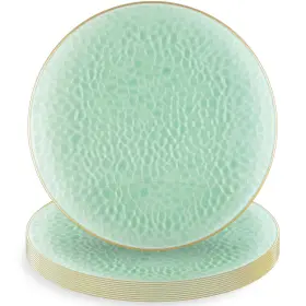 Blue Sky 729940040180 Organic Hammered Green With Gold Rim Round Plastic Plates - 10 Inch Count