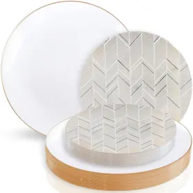 Blue Sky 729940040319 Chevron Organic Gold/black Disposable Plastic Plates - Set Of 32 7.5 Inch And 10