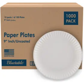 Bluetable 850055788312 9 Inch Paper Plates Bulk 1000 Count - Uncoated White Dinner Plate Pizza
