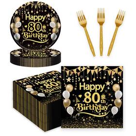 Bokfjbp 00075 75pcs 80th Birthday Plates And Napkin Set Black Gold Happy 7in 80