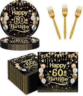 Bokfjbp 711181808209 75pcs 60th Birthday Party Tableware Set Black Gold Adult Happy 25x7in