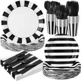 Lru-bokon-1399 Bokon 350 Pcs Black And White Party Decorations Include 100 Striped Paper Pla