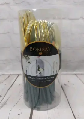 Bombay 860000132985 48 Piece Gold And Green Plastic Cutlery Set - Elegant Party Utensils