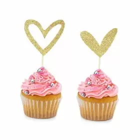 Top-011 Boningnew 24 Pcs Gold Glitter Heart Cute Design Love Cupcake Toppers For Wedding Bridal