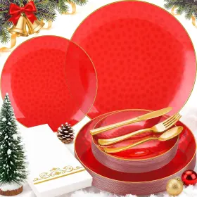 Bb-2539 Bonsiny 150 Pcs Red Plastic Plates - Fancy Dinnerware 10.25 Inch Clear