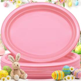 Bonsiny Bb-5006 50 Count Pink Plastic Plates Disposiable 10 Inch X 12 Oval For Girls Ba