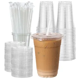 Botogift 614162699707 50 Sets 16 Oz Clear Plastic Cups With Flat Lids And Straws Disposable Coff