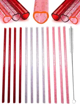 Hss01 Brand Generic 12 Plastic Heart Shaped Reusable Straws With Straw Cleaning Brush Glitter
