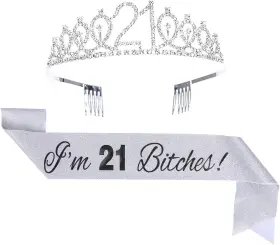 Tpd554se Brand Topfunyy 21st Birthday Tiara And Sash Set - Ftiftm 21 Bitchesft Silver Crystal