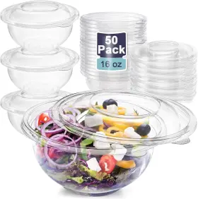 Branded 711181228946 50 Pack 16oz Plastic Salad Bowls With Lids Small Clear Disposable Containers