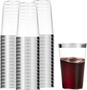 Branded 739992999169 100 Silver Plastic Cups 14 Oz Clear Tumblers Rimmed Fancy Disposable New