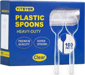 Branded 767461024777 100 Count Clear Plastic Spoons Heavy Duty Premium Disposable Durable