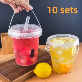 Branded01 445006489429 10 Pcs 33.81 Oz Large Plastic Cups With Lids And Straws Reusable Party Ice Buckets