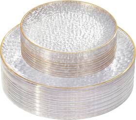 Branded01 445038753741 New 60 Pcs Clear Plastic Plates Disposable With Gold Rim Heavy Duty