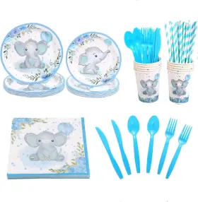 Brcowed 748743781953 160pcs Blue Elephant Theme Baby Shower Dinnerware Set For Kids Plates Napkins