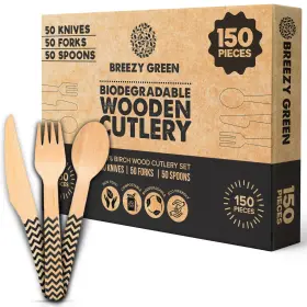 Breezy Green 677355433786 Disposable Wooden Cutlery 150 Set Ecofriendly And Biodegradable Utensils Dinner