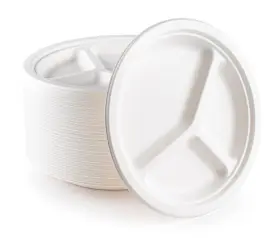 Brheez 045918395145 Heavy Duty Round 3 Compartment Disposable Plates 10 Inch Eco-friendly 100%