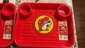 79463 Buc-ees Red Plastic Divided Party Platter Trays With Cup Holders 2pk