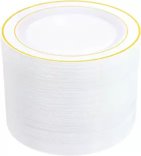 Bucla 689719227054 100pieces Gold Plastic Plates-10.25inch Rim Disposable Dinner Plates