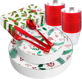Bucla 711181404852 175pcs Christmas Plastic Plates - Disposable With Red Sil