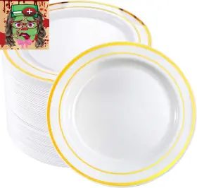 Bucla 744110054200 100pieces Gold Plastic Plates-7.5inch White And Disposable Salad/dess